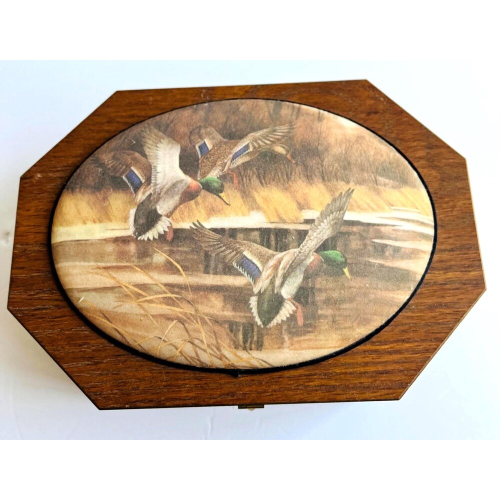 Vintage Handcrafted Mallards In Flight Beaded Glass Wood Keepsake Trinket Box